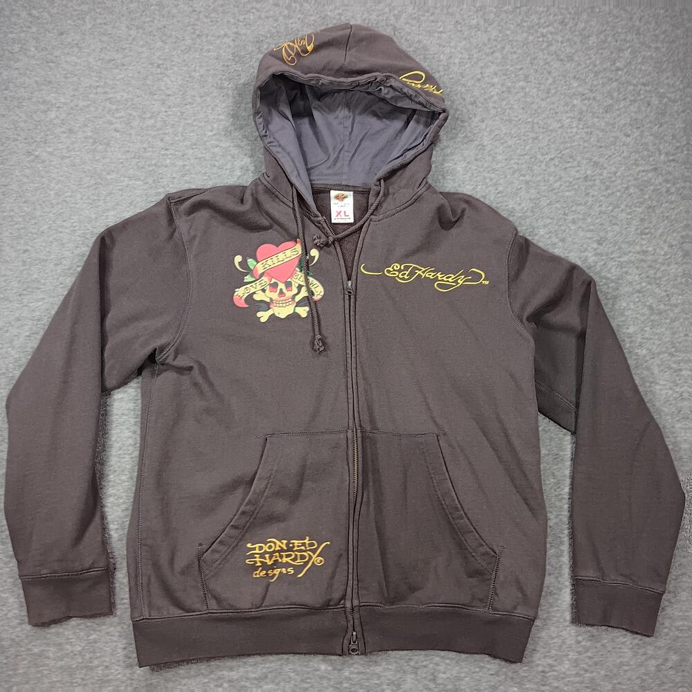 Ed Hardy Hoodie Mens XL Brown Full Zip Love Kills Slowly Rhinestone Made USA